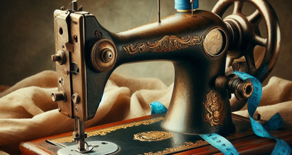 vintage sewing machine with blue tape measure
